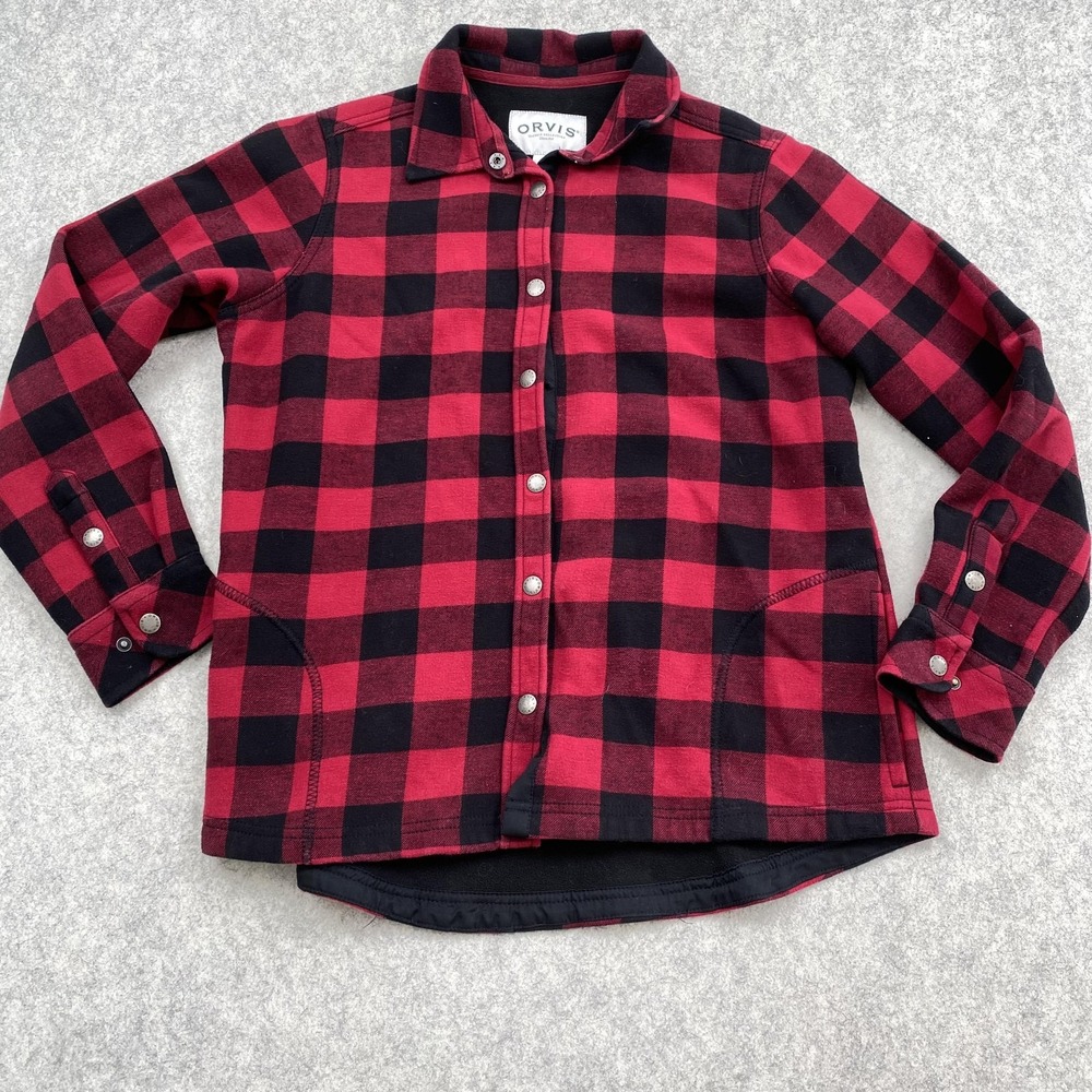 Orvis Jacket Mens Medium Red Black Plaid Fleece Lined Snap *MISSING BUTTON*